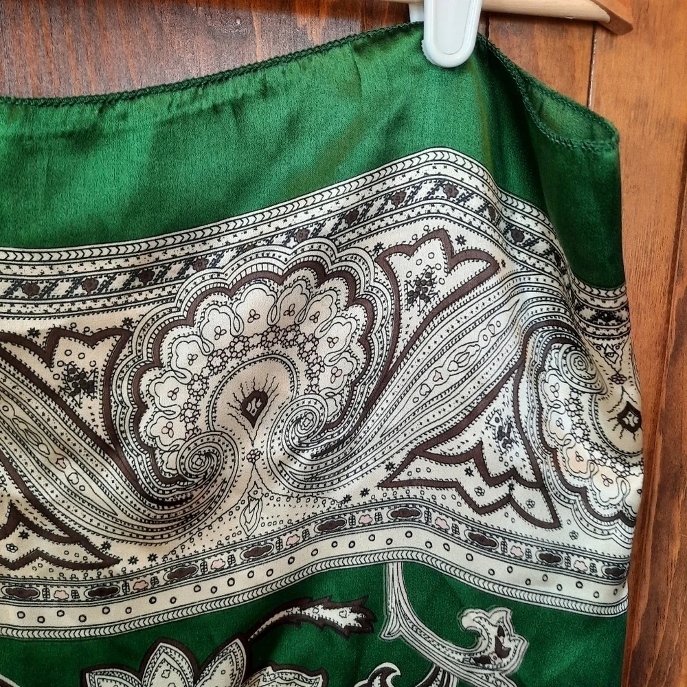 Vintage 100% Thai Silk Dark Green Brown Paisley Print Patterned Scarf